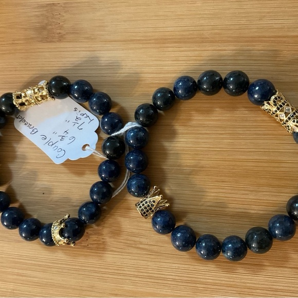 Hand Crafted Couple’s 2 Bracelets Blue Gemstone Pave King Queen Crown Rhinestone - Picture 4 of 11